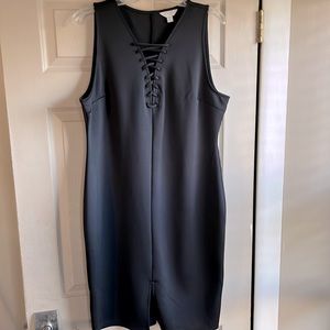 Black scuba dress. no wrinkle midi with lace detail. Easy awesome look!